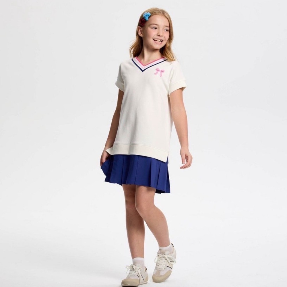 Owillo Girls Preppy Tennis Dress Cream Navy Blue Pleated Skirt Pink Bow Size M